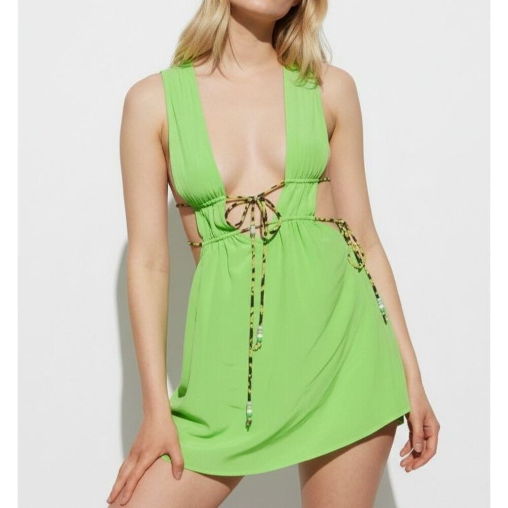 Vanessa Mooney NEW Swim Cover Up Women Small Neon Green Silk Dress Coquette